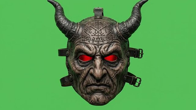 Set of horned demon masks on green background