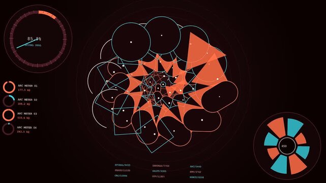 Complex quantum encryption interface displays geometric spiral patterns and digital arc data visualization showing rotating shapes on a dark screen with orange and teal glowing light
