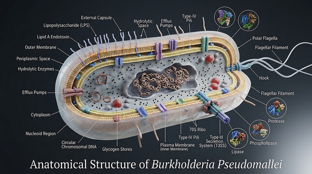 Transparent Anatomical Cross-Section of Burkholderia Pseudomallei Revealing Multiple Polar Flagella and Type-III Secretion System