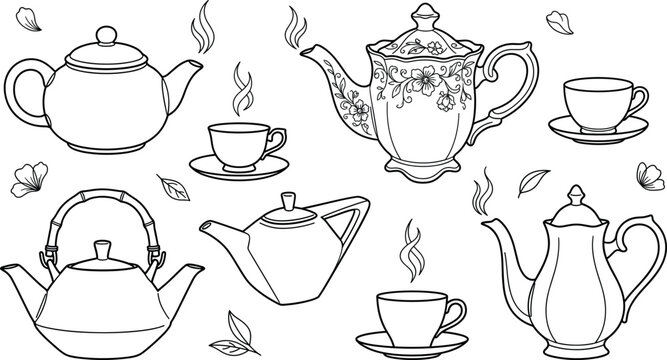 Elegant antique teapots and cups vector collection with decorative porcelain sets tea ceremony elements outline sketch line art