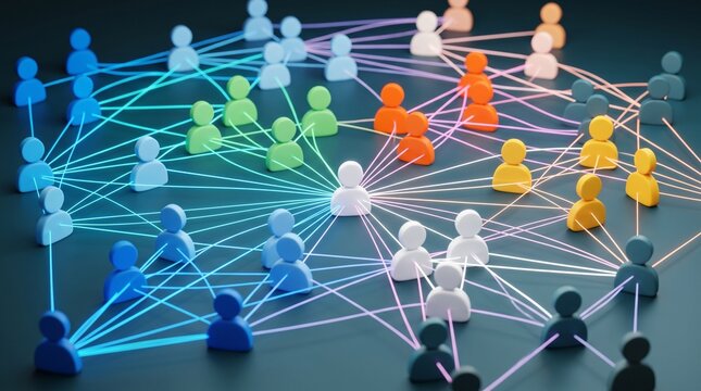 Abstract social network connection concept with colorful 3D people figures linked by lines