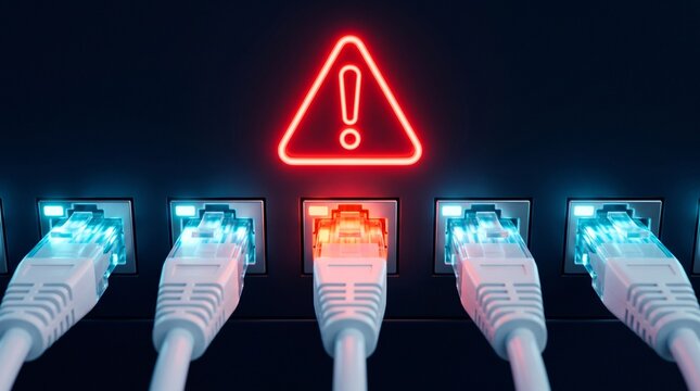 Network connection error icon concept with ethernet cables plugged into switch slots