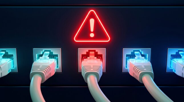 Network connection error and cyber security warning concept with glowing red alert icon on ethernet switch port