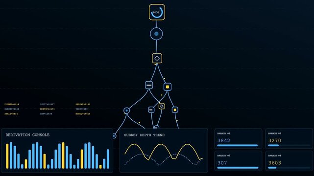Quantum encryption processes emerge through glowing node structures as data visualization charts update in real time displaying branching path patterns across a dark digital interface monitor