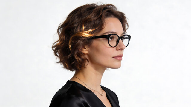 Woman wearing black-framed glasses in profile against white background