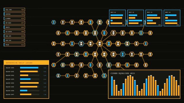 Quantum encryption processes animate across three screen panels displaying complex digital grid networks bar graphs and yellow orange data markers floating against a dark void backdrop