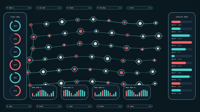 Complex quantum encryption user interface displays evolving data streams and oscillating circular progress graphs for monitoring dark mode digital analytics systems in a simulated network environment