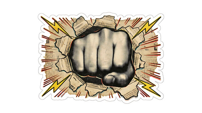 Vintage comic book style fist punching through paper background with lightning bolts and halftone texture effect