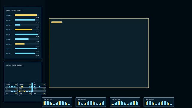 Quantum encryption protocols displayed on a dark virtual interface with moving bar graphs and glowing data lines tracking system activity in a sleek software environment