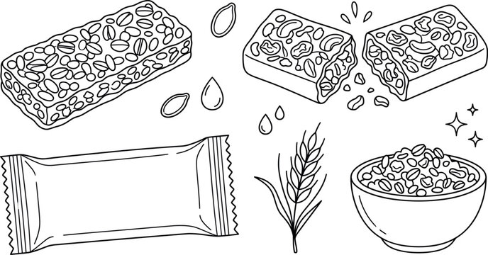 Granola bar vector line art element set with oat protein bars plastic packaging wrapper and cereal bowl outline.