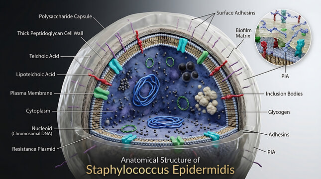 Transparent Anatomical Cross-Section of Staphylococcus Epidermidis Revealing Polysaccharide Capsule and Methicillin Resistance Plasmids