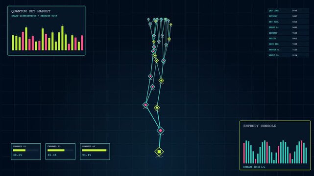 a complex quantum encryption interface features glowing data nodes linked by lines on a dark digital grid surrounded by various scrolling bar charts and metrics