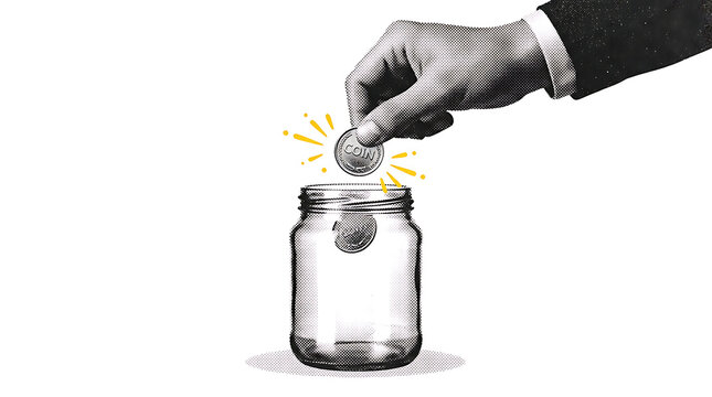 Illustration of a hand dropping a coin into an empty glass jar, representing savings, investment, financial growth, and business success, isolated on white background