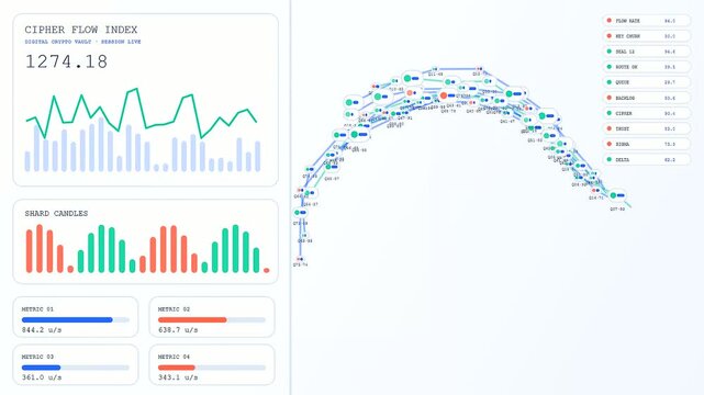 a digital dashboard representing quantum encryption metrics displays animated data flows and graphical charts showing live stream variations across three interconnected screens in a modular interface