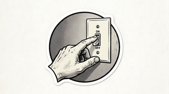 Illustration of a hand flipping a light switch to the on position, vintage comic book style with halftone dots, isolated on white background