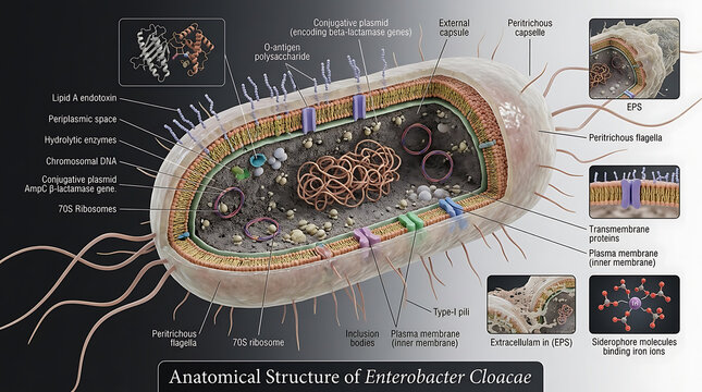 Transparent Anatomical Cross-Section of Enterobacter Cloacae Revealing Peritrichous Flagella and AmpC Beta-Lactamase Plasmids
