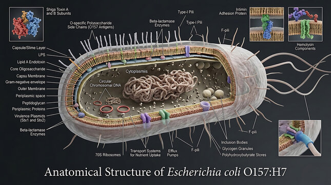 Transparent Anatomical Cross-Section of Escherichia Coli Revealing Peritrichous Flagella and Shiga Toxin Encoding Plasmids