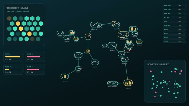 Quantum encryption metrics shown on a dark interface displaying complex node graphs and scattered data points within a modular digital environment for modern security analysis