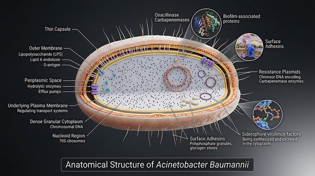 Transparent Anatomical Cross-Section of Acinetobacter Baumannii Revealing Thin Capsule and Carbapenemase Resistance Plasmids