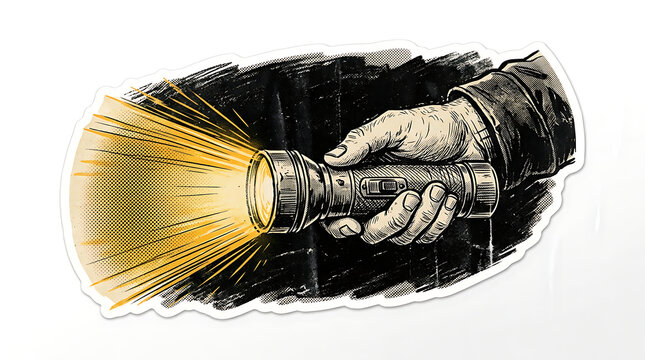 Illustration of a hand holding a flashlight shining a bright beam of light in the dark, vintage comic book style drawing with halftone dots and ink lines