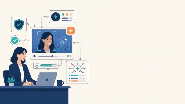 Illustration of woman using laptop with facial recognition and video