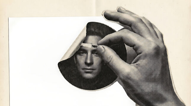 Surreal collage art featuring a hand peeling back a layer of paper to reveal a mans face underneath, vintage halftone print style, conceptual photography