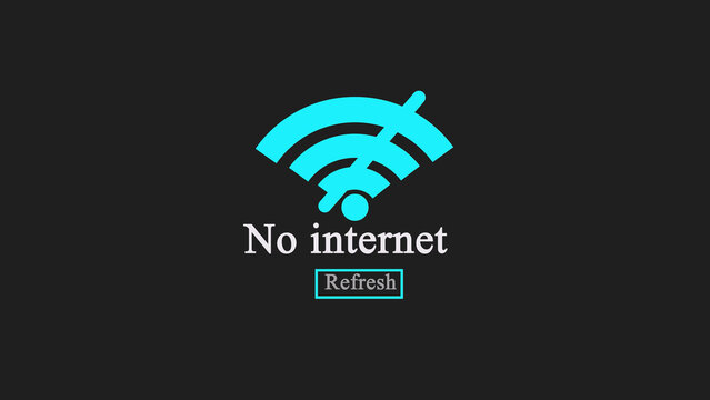 Cyan wifi icon with no internet connection sign and a refresh button on a dark background for web error page design and network status indicator graphics