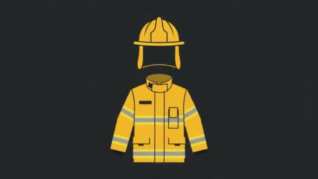 Minimalist vector illustration of firefighter uniform and helmet on dark background.