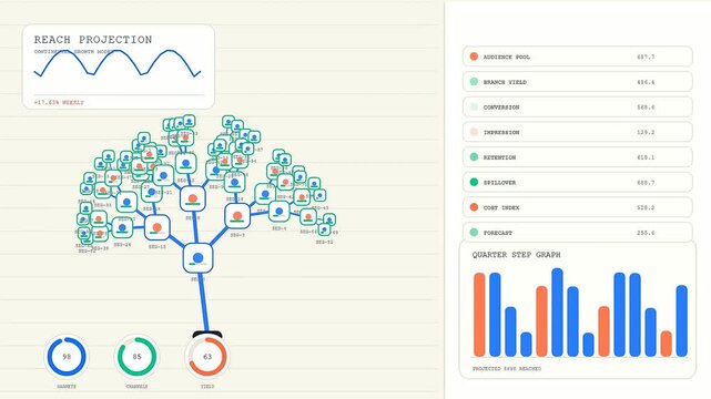 A digital reach projection display shows complex tree diagrams with circular loading bars and vertical bar charts presented on a minimalist off white paper texture interface
