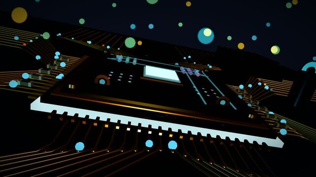 Glowing quantum computer chip with floating data particles 3D render