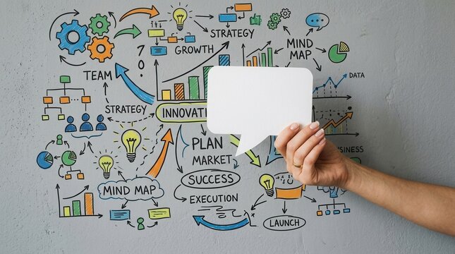 Business strategy mind map with hand holding blank speech bubble, concept for innovation, growth and success