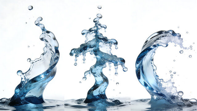 Blue water splash in slow motion captured against white background with three dynamic droplet formations