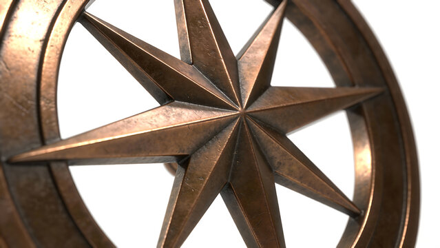 Bronze eight-pointed star compass rose with weathered patina on white background