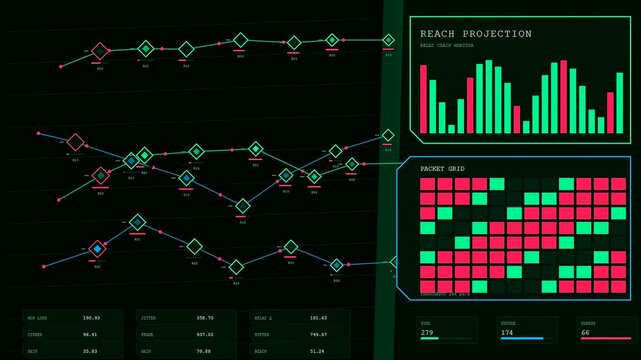 Digital reach projection interface displays complex network signal flows and mathematical grid matrices on a dark virtual monitoring screen during live data stream analysis of systems