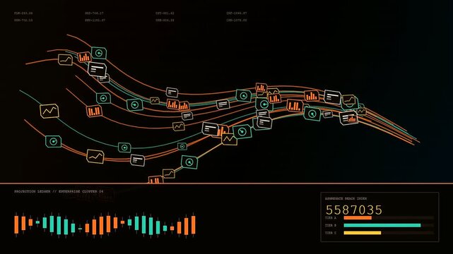 A digital reach projection showing streaming waves of graphical icons and metrics evolving across a dark interface while flickering numeric values update in real time