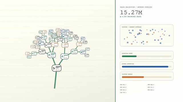 a detailed reach projection graphic showing abstract network growth nodes and data visualization bars on a pale green lined paper texture for modern professional media use