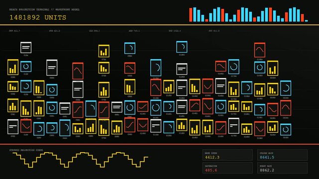 The digital reach projection terminal displays complex dynamic data flow visualizations on a dark computer monitor interface featuring animated multicolored light bar charts and geometric icons