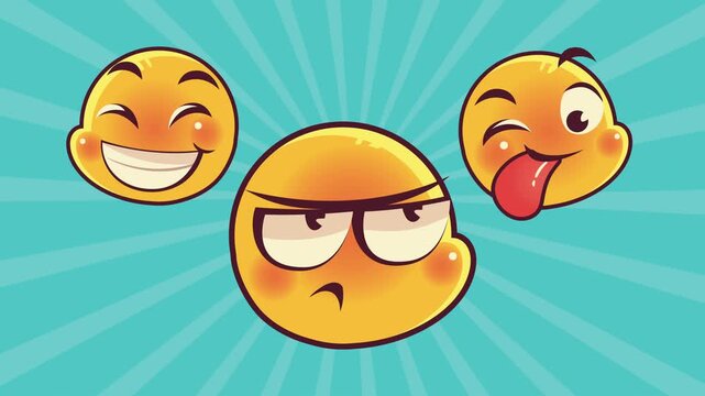 Animated three emoji faces showing different emotions against blue sunburst background including happy silly and annoyed expressions.