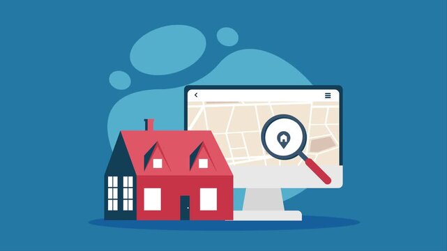 Searching for house on map using computer technology and magnifying glass.