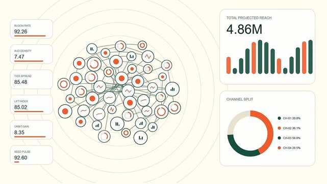 A reach projection interface displays complex network clusters with circular nodes and data visualization charts set against a light beige background for modern analytical dashboard screens