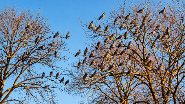 Flock of pigeons perched on bare winter trees against blue sky