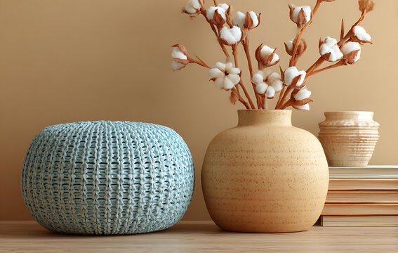 Sky blue knit pouf with stoneware vase and cotton stems