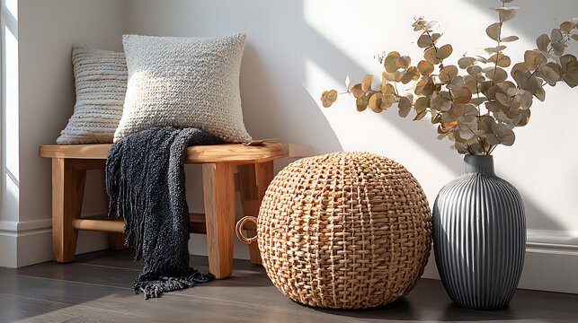 Woven log basket with charcoal knit pouf and eucalyptus stems