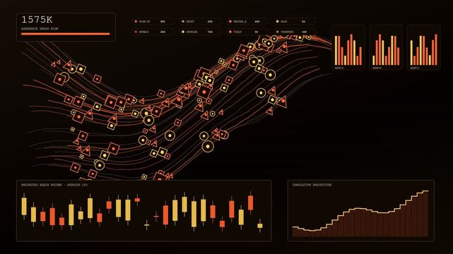 A digital reach projection interface shows animated geometric shapes flowing along glowing line paths with candlestick charts fluctuating on a dark screen during system data monitoring