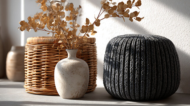 Woven log basket with charcoal knit pouf and eucalyptus stems