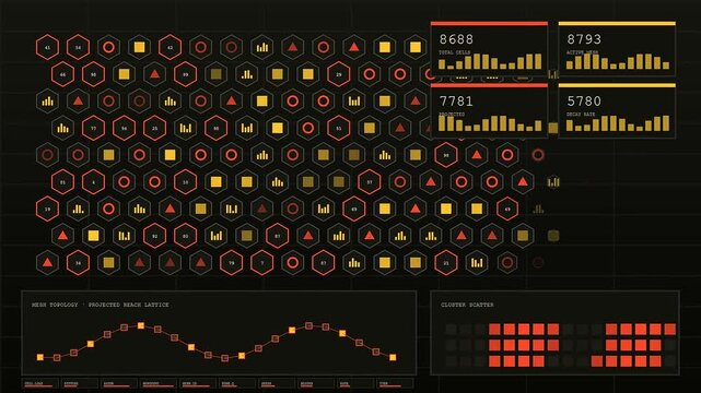 A digital reach projection interface displays complex metrics and live data streams across three distinct analytical modules with orange glowing symbols and grid patterns throughout