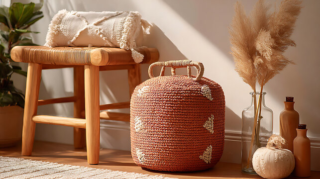 Rattan storage basket with terracotta leather pouf and pampas grass
