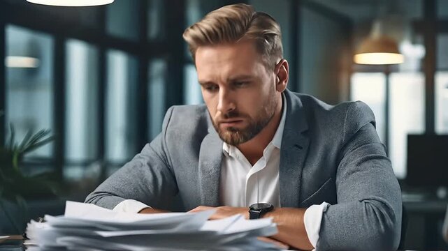 Stressed businessman holding head at desk with pile of paperwork in a dark modern office at night