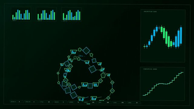 Digital data reach projection interface displays blue glowing wave charts and geometric lines evolving on a dark screen during a modern complex analytical computing sequence process