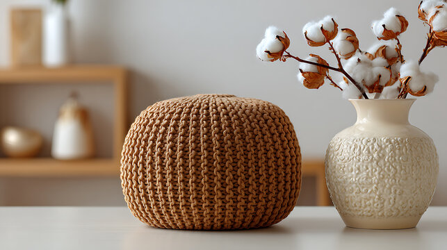 Round knit pouf with ceramic vase and cotton stems